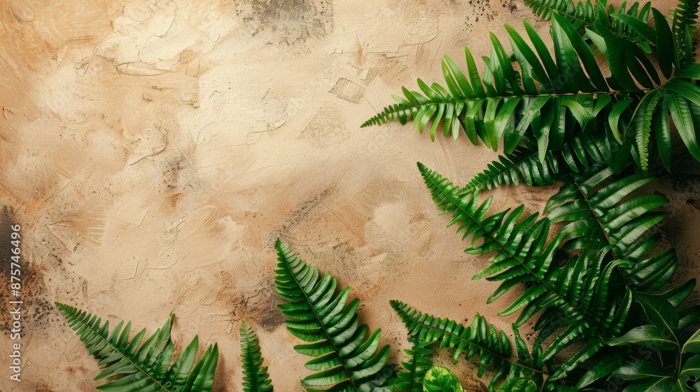 Beige textured wall with green fern leaves around the edges. Theme of nature, simplicity, and natural decor Beige textured wall with green fern leaves around the edges. Theme of nature, simplicity, and natural decor