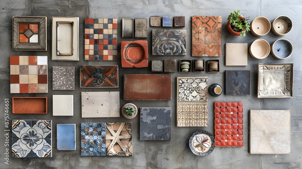 The arrangement of colorful ceramic tiles in various patterns, displayed in a flat lay on a neutral gray background. The arrangement of colorful ceramic tiles in various patterns, displayed in a flat lay on a neutral gray background.