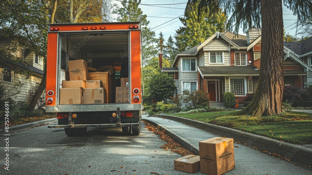 Moving truck with open back, loaded with boxes on a suburban street. Concept of relocation, new beginnings, and family life Moving truck with open back, loaded with boxes on a suburban street. Concept of relocation, new beginnings, and family life