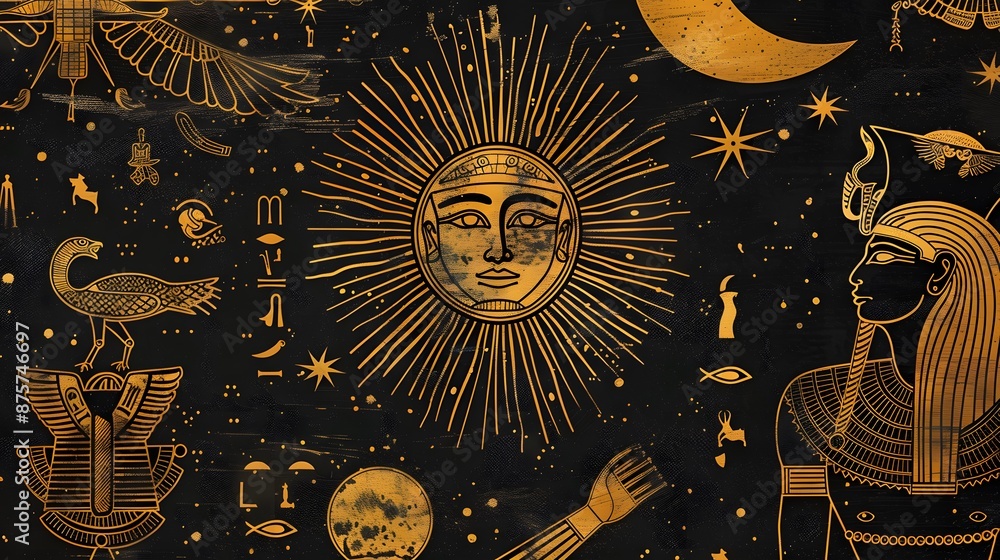 Simplified depiction of Egyptian sun symbols and celestial motifs Simplified depiction of Egyptian sun symbols and celestial motifs