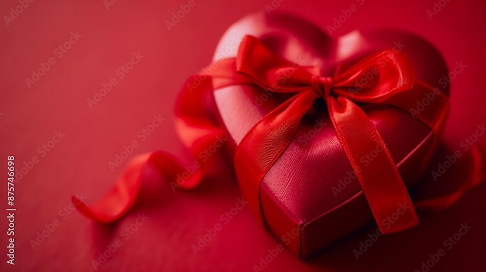Heart shaped red gift box tied with red ribbon on red background Heart shaped red gift box tied with red ribbon on red background