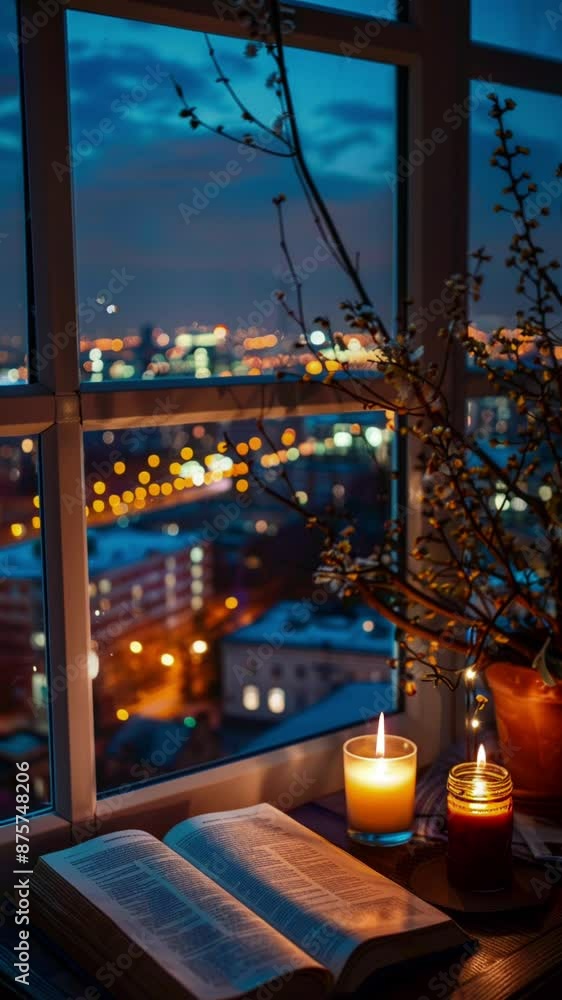 Candle and book the essence of evening calm, background city. presenting the perfect concept for quote, love, story, romantic, wedding, relaxation, or any project; 4k virtual video motion. Candle and book the essence of evening calm, background city. presenting the perfect concept for quote, love, story, romantic, wedding, relaxation, or any project; 4k virtual video motion.