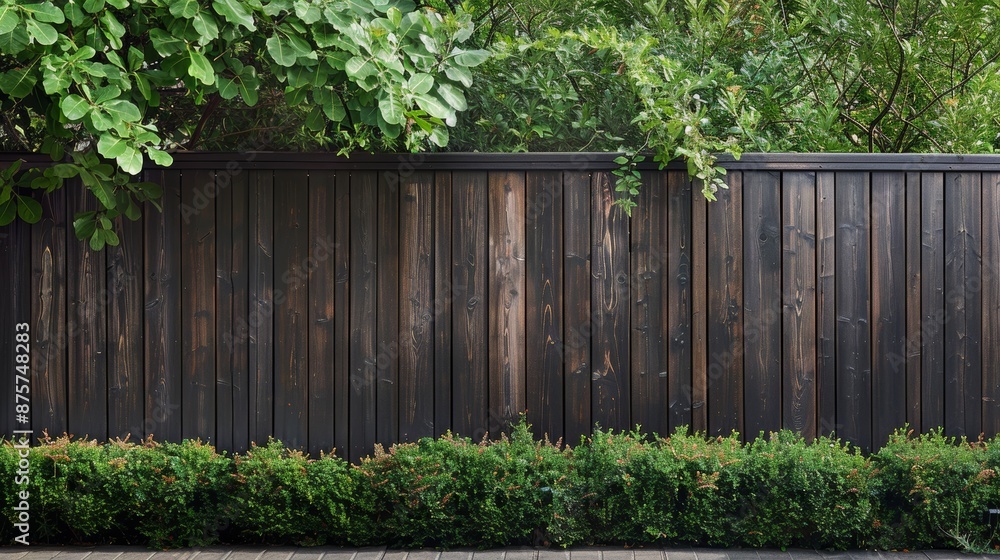 Modern black wooden fence with lush greenery and trees. Concept of privacy, minimalist design, and nature integration. Modern black wooden fence with lush greenery and trees. Concept of privacy, minimalist design, and nature integration.