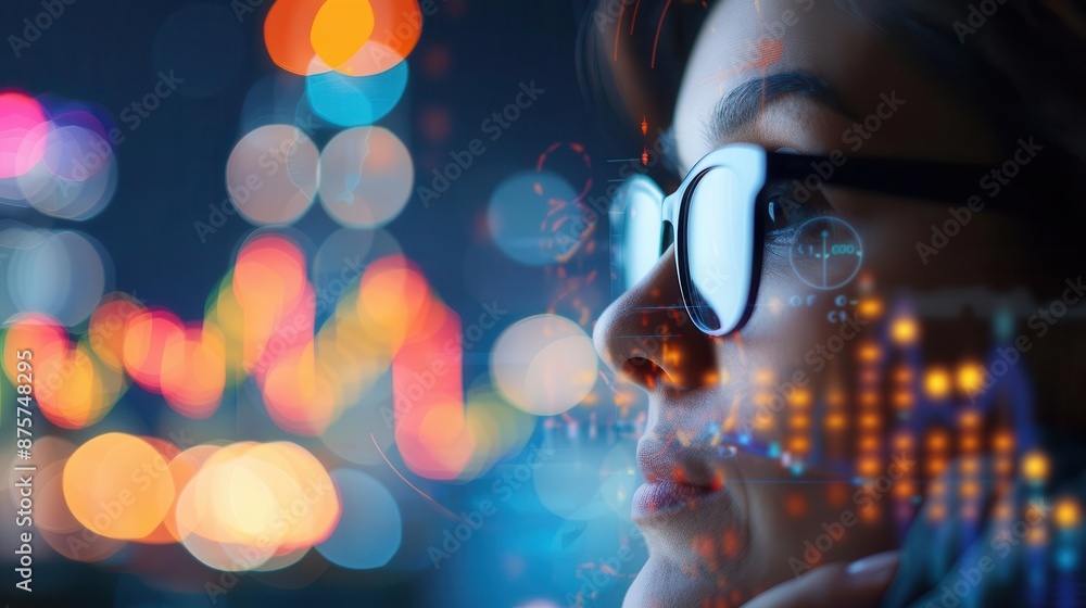 Woman in glasses looking at abstract data visualization in a city at night. Woman in glasses looking at abstract data visualization in a city at night.