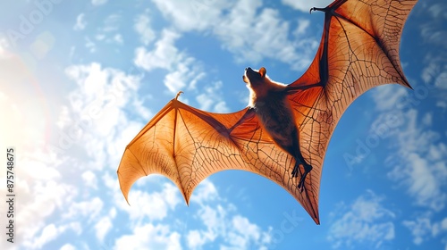 Male fruit bat flying mid air with wide outstreched wings flying bat against the sun and blue skyscape photo