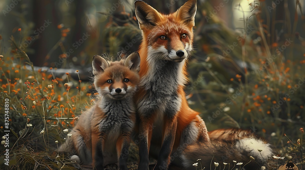 Mama fox posing with her baby kit Mama fox posing with her baby kit
