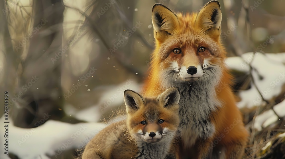 Naklejka premium Mama fox posing with her baby kit