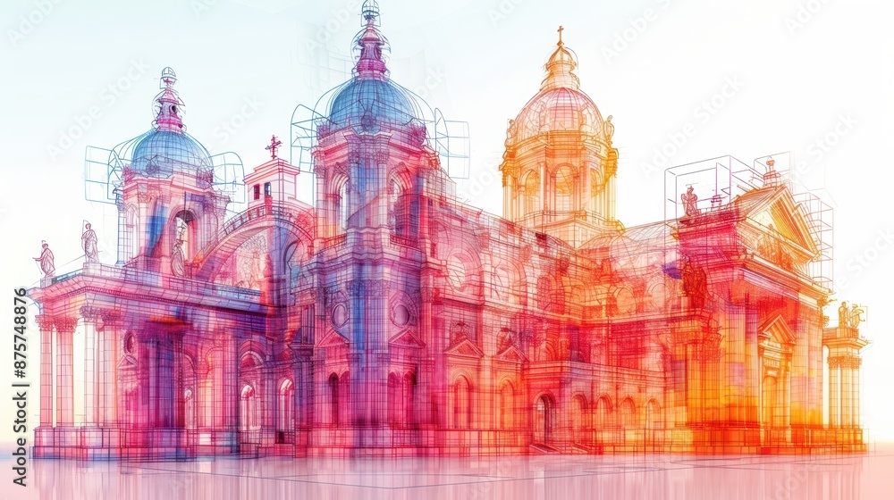 Obraz premium Abstract multi-colored architectural structure with domes and columns in translucent, vibrant hues.