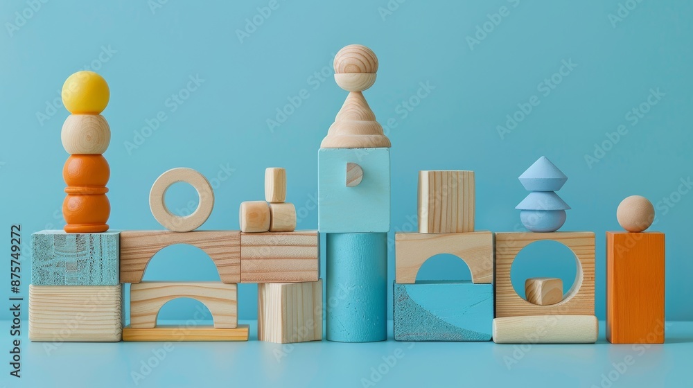 Wooden building blocks in various shapes and pastel colors arranged on a blue surface. Concept of childhood, creativity, and educational toys Wooden building blocks in various shapes and pastel colors arranged on a blue surface. Concept of childhood, creativity, and educational toys