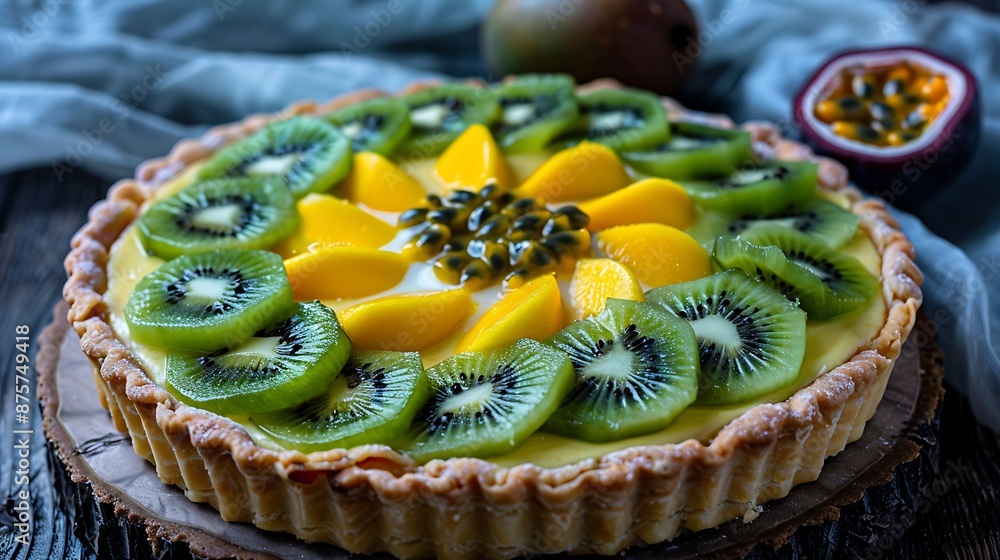Exotic Tropical Fruit Tart with Colorful Kiwi, Mango, and Passionfruit Slices on a Crisp Pastry Base, Fresh and Irresistible Dessert Concept Exotic Tropical Fruit Tart with Colorful Kiwi, Mango, and Passionfruit Slices on a Crisp Pastry Base, Fresh and Irresistible Dessert Concept