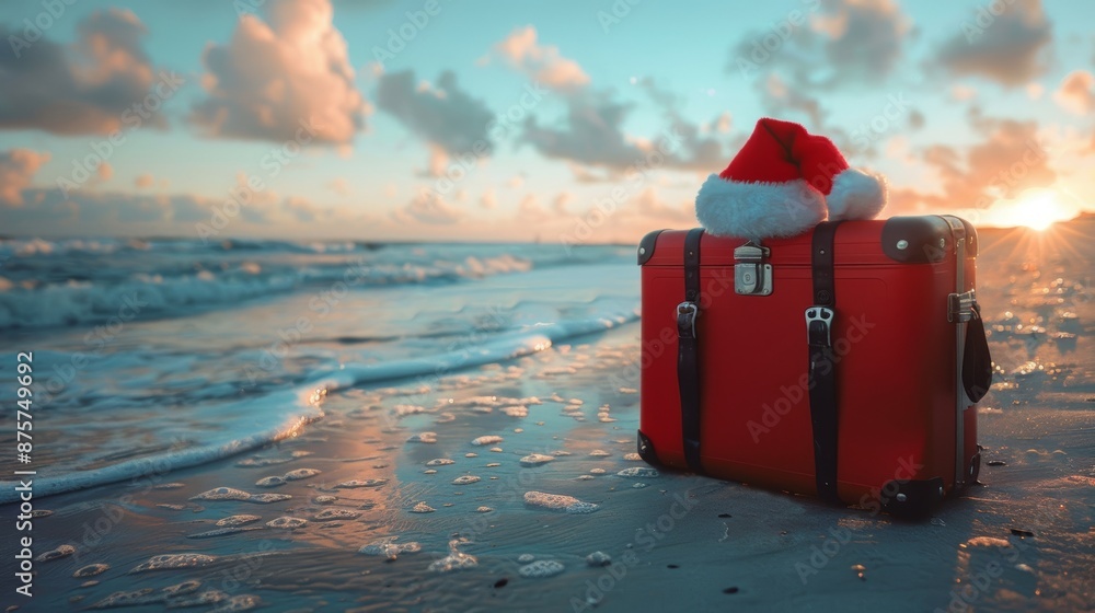 Red suitcase with a Santa hat on a beach at sunset. Concept of holiday travel, festive season, and relaxation Red suitcase with a Santa hat on a beach at sunset. Concept of holiday travel, festive season, and relaxation