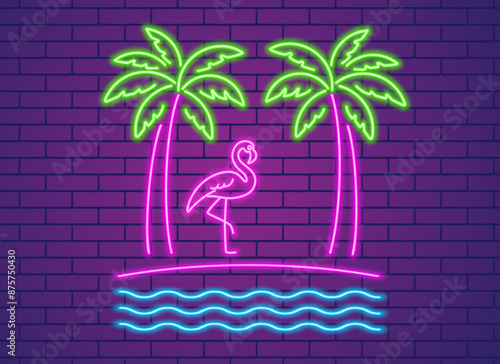 Abstract flamingo bird and two palm trees, neon glowing illustration. Flamingo on the beach and palm trees. Minimalistic colorful neon glowing line design.