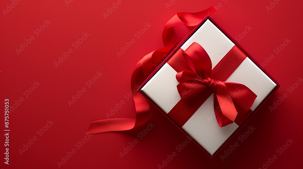 Open white gift box tied with red ribbon on red background horizontal composition with directly above great use for christmas and valentines day related gift concepts Open white gift box tied with red ribbon on red background horizontal composition with directly above great use for christmas and valentines day related gift concepts