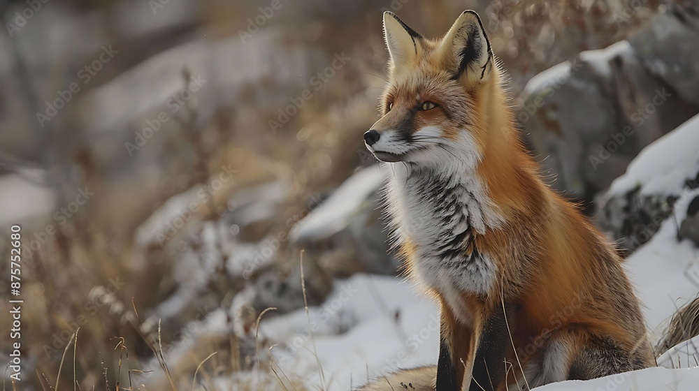 Fototapeta premium Red fox in the mountains of wildlife the fox has a thinned fur for the upcoming spring season