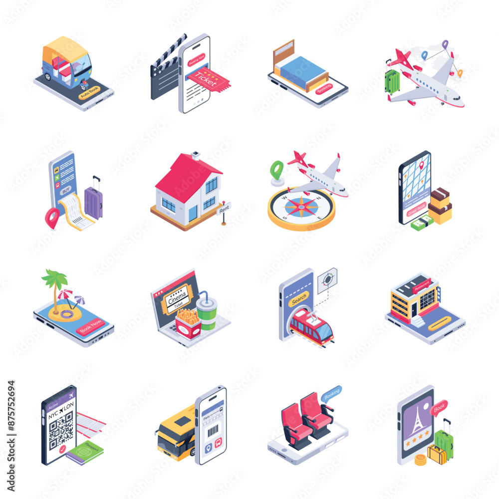 WebPack of Internet Bookings Isometric Icons 

