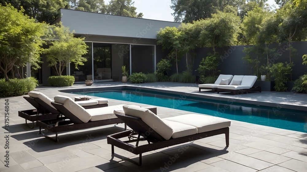 Seats to relax and sunbathe by the swimming pool in an exotic villa. AI Generative. Seats to relax and sunbathe by the swimming pool in an exotic villa. AI Generative.