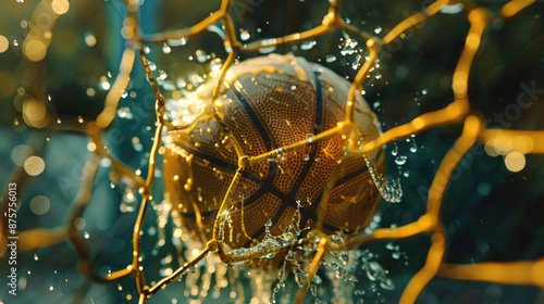 Close-up View of Gilded Basketball in Net with Water Droplets photo