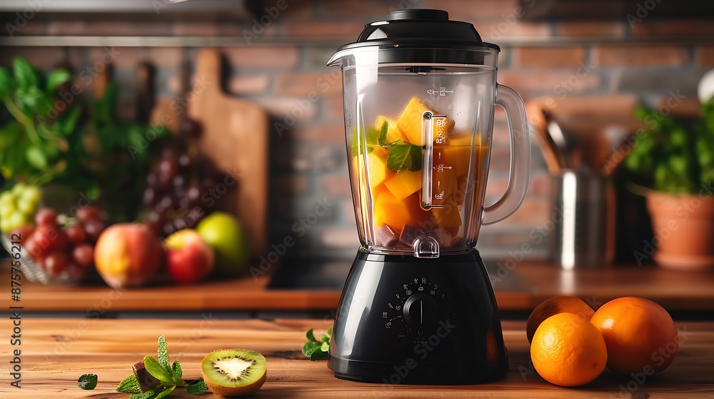 The electric blender for make fruit juice or smoothie on wooden kitchen table the concept of a healthy diet The electric blender for make fruit juice or smoothie on wooden kitchen table the concept of a healthy diet