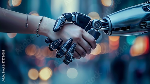 close-up of human hand shaking a robotic hand, symbolizing human-machine unity