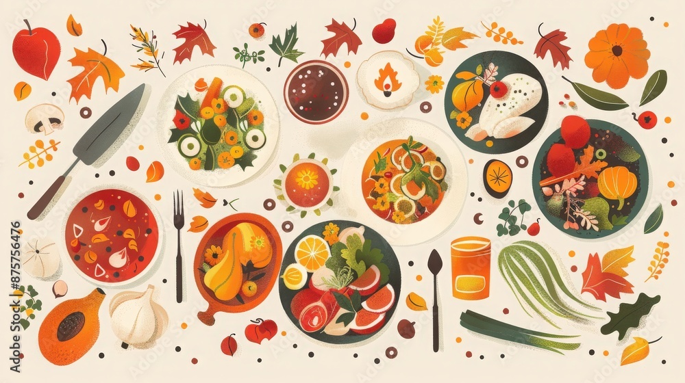 Colorful autumn-themed food and ingredients arranged in a visually appealing layout, showcasing vibrant fall produce and dishes. Colorful autumn-themed food and ingredients arranged in a visually appealing layout, showcasing vibrant fall produce and dishes.