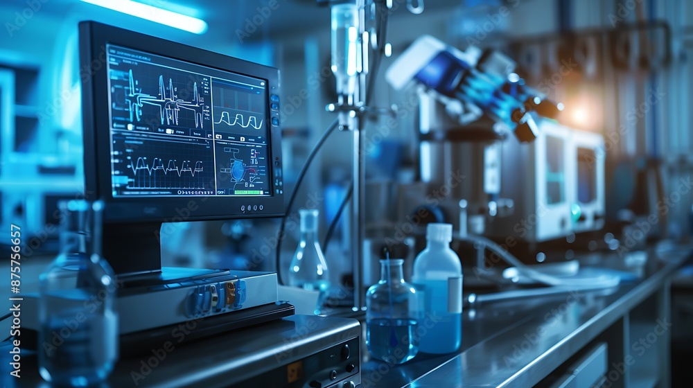 high-tech medical laboratory equipment with illuminated displays, advanced research high-tech medical laboratory equipment with illuminated displays, advanced research