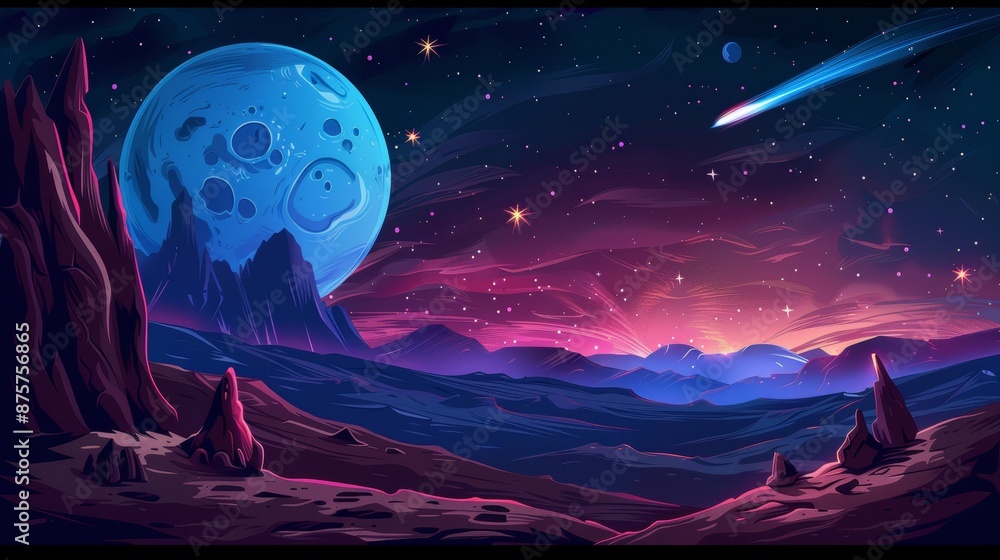 Fototapeta premium Galaxy background with planet, stars and meteor in outer space. Alien planet or moon landscape with craters and comet flying in night sky, vector cartoon illustration