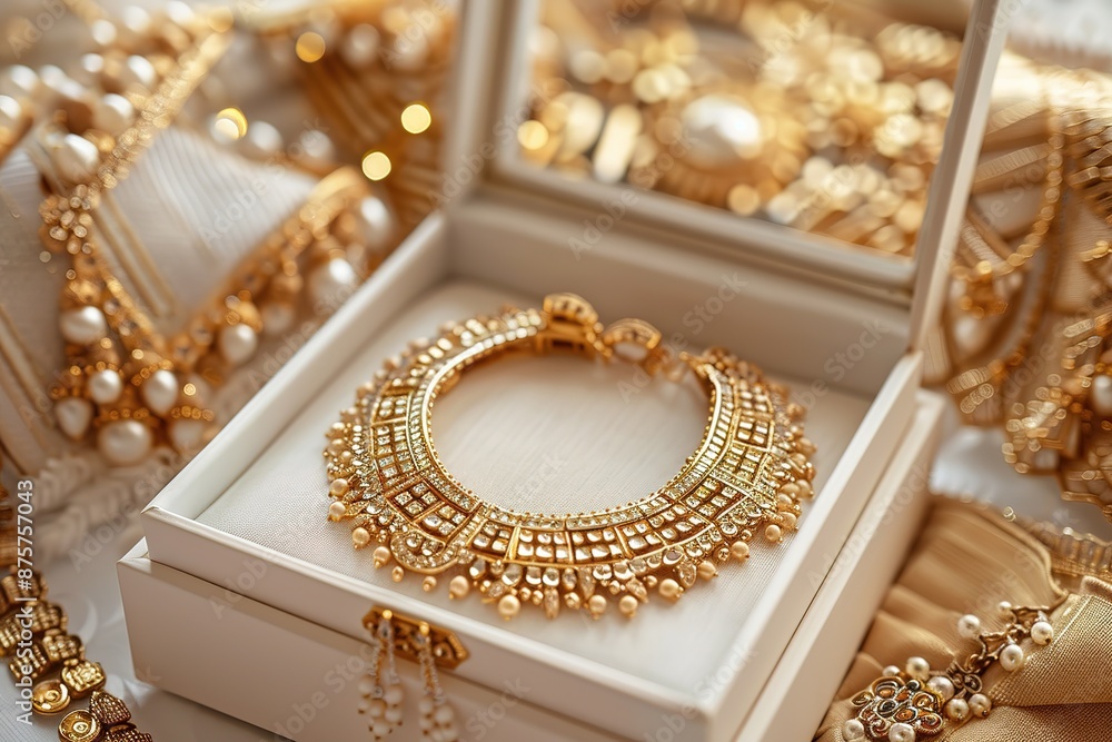 An open jewlery box with gold and platinum jewelry inside on a white background An open jewlery box with gold and platinum jewelry inside on a white background