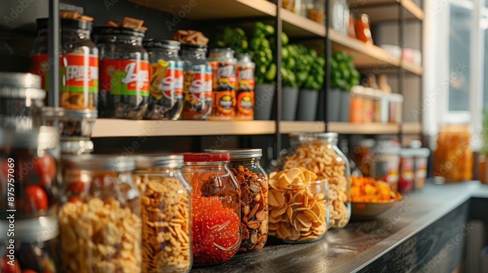 A detailed close-up of an assortment of RTE snacks on a stylish kitchen counter, with bright and appealing packaging. A detailed close-up of an assortment of RTE snacks on a stylish kitchen counter, with bright and appealing packaging.
