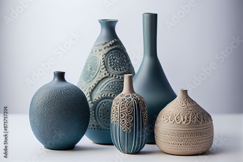 Beautifully crafted ceramic vases with intricate detailing, art objects home decor.