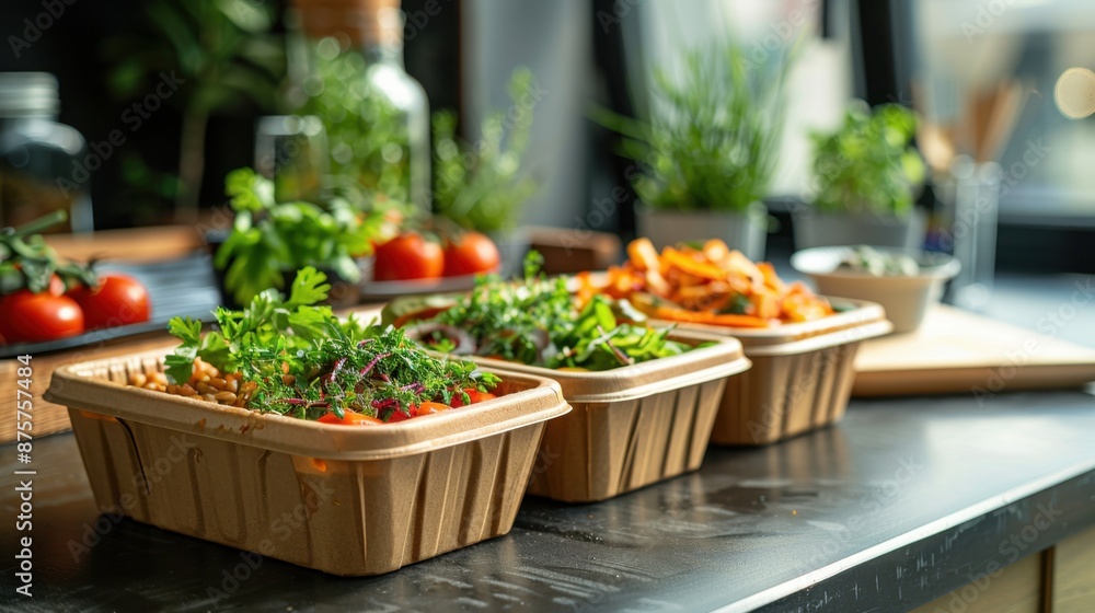 A detailed close-up of an RTE meal in biodegradable packaging, on a stylish kitchen counter. A detailed close-up of an RTE meal in biodegradable packaging, on a stylish kitchen counter.