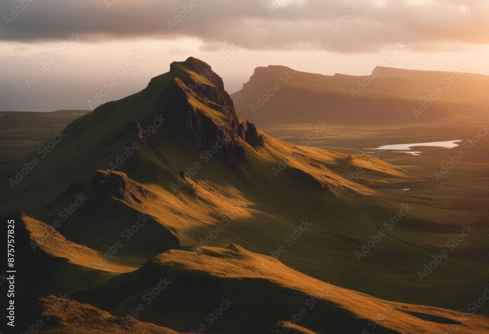 Naklejka premium european britain united europa grass beauty hill greatbritain mountains green kingdom cliff sunset scottland beautiful dusk quiraing le