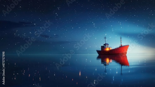 Lightship's reflection in the water against a night sky flat design side view coastal theme