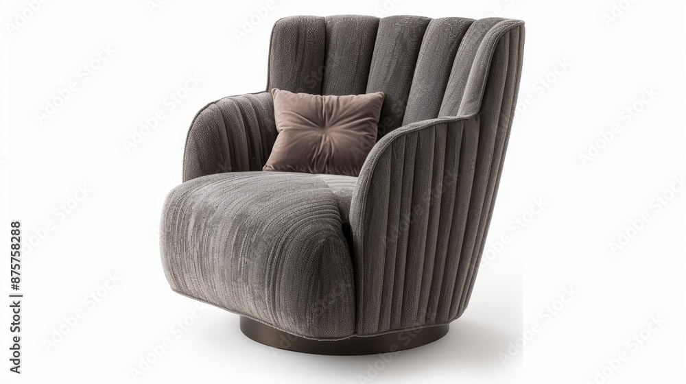 Gray upholstered armchair with a tall, curved back and wide, plush seat is isolated on a white background. Gray upholstered armchair with a tall, curved back and wide, plush seat is isolated on a white background.