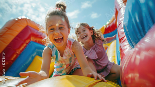 Two young girls are laughing and sliding down an inflatable bouncy castle at school on a sunlit day © Hound