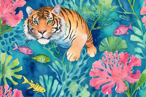 lilly pulitzer style, realistic water color painting, seamless repeating pattern, tiger stripe background in blues and greens and pinks, flowers and snapper fish and sea fans photo