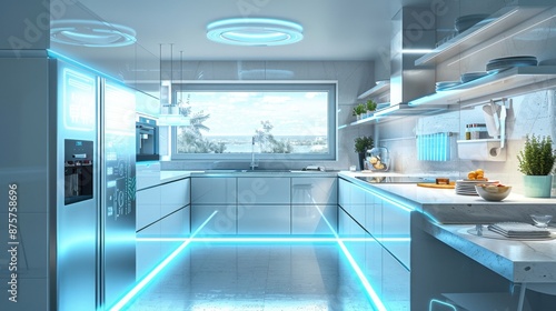 A futuristic kitchen with smart appliances preparing ready-to-eat meals, bright and detailed environment. 8-4e05-ad88-67bfec1bb319