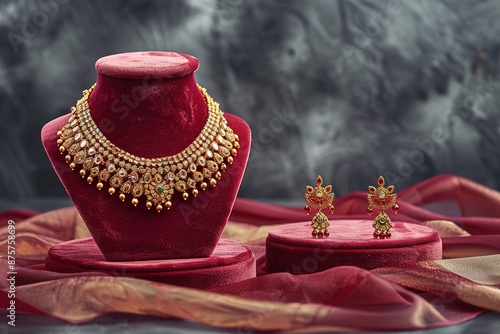 gold neckless display at jewellery shop, golden necklace with earings set for sale at a store