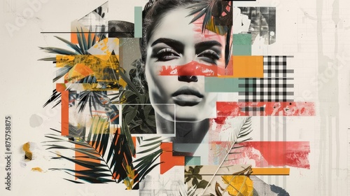 Modern art collage featuring a woman portrait, plant elements, and geometric shapes, emphasizing sustainable and eco-friendly themes