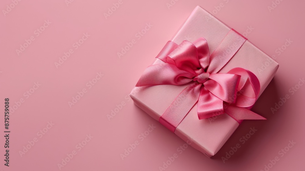 Pink wrapped gift box with pink ribbon bow on pink background Pink wrapped gift box with pink ribbon bow on pink background