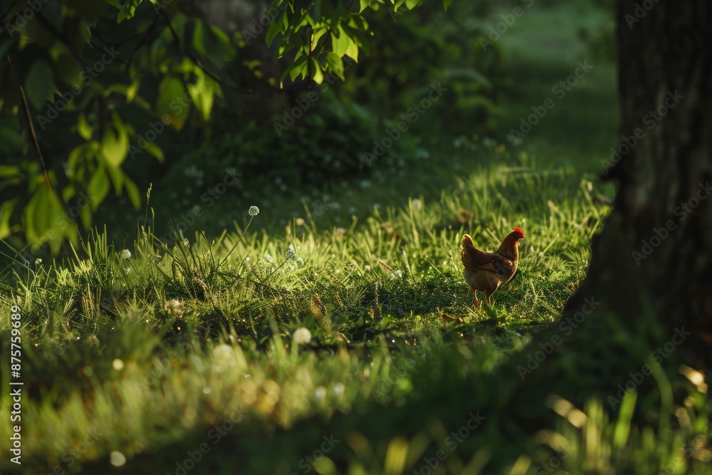 A group of chickens roam freely on the farm's lush grass. Peck and explore their environment. A group of chickens roam freely on the farm's lush grass. Peck and explore their environment.