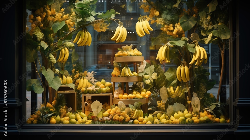 Fototapeta premium Fruit display in a shop window featuring bananas, lemons, and other yellow fruits, surrounded by green leaves and decorative elements.