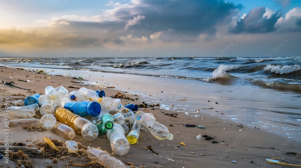 environmental issue of ocean pollution with beach littered with plastic bottles environmental issue of ocean pollution with beach littered with plastic bottles