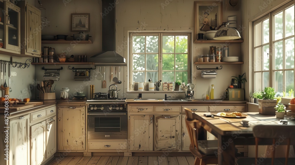a cozy kitchen with natural sunlight coming in through the window a cozy kitchen with natural sunlight coming in through the window