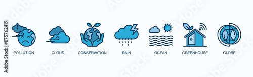 Environmental Sustainability Strategy Banner Web Icon Vector Illustration Concept With Pollution, Cloud, Conservation, Rain, Ocean, Greenhouse, Globe