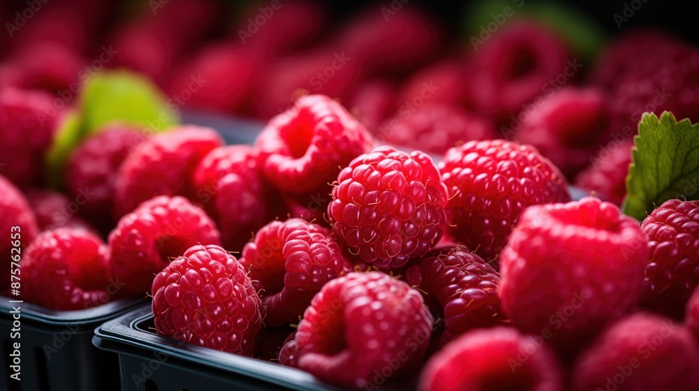 Fresh raspberries in black plastic containers with green leaves background. Fresh raspberries in black plastic containers with green leaves background.