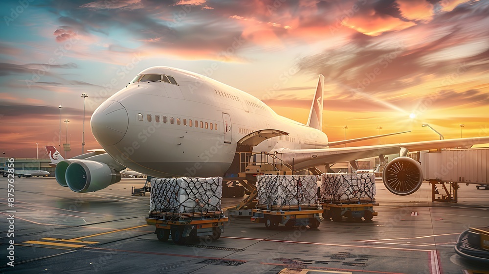 commercial airplane at sunset on airport tarmac with cargo being loaded commercial airplane at sunset on airport tarmac with cargo being loaded