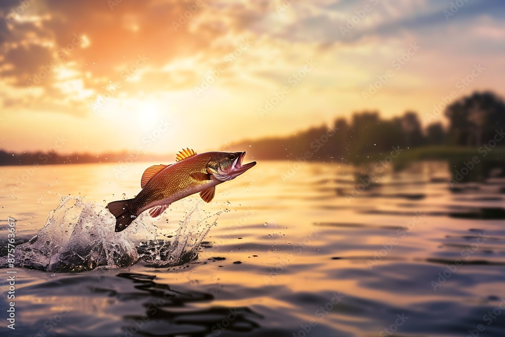 Obraz premium large bass fish jumping out of water with splash at sunset
