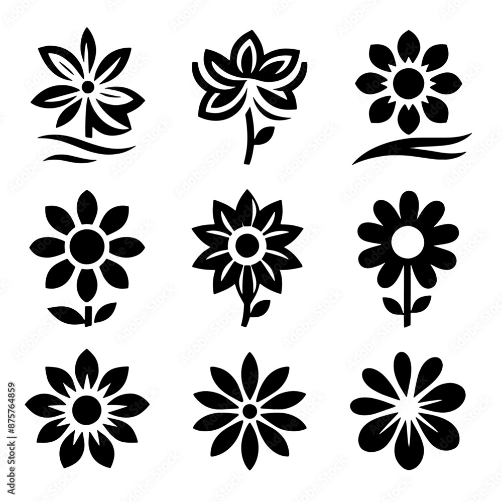 A set of flower icons, including sunflowers, daisies, and roses A set of flower icons, including sunflowers, daisies, and roses