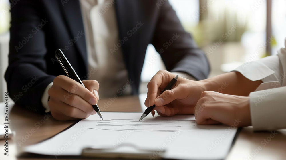 signing a partnership agreement at a desk, formal wear, office environment, signing a partnership agreement at a desk, formal wear, office environment,
