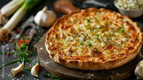 French cuisine. An open pie with cheese and leeks. 